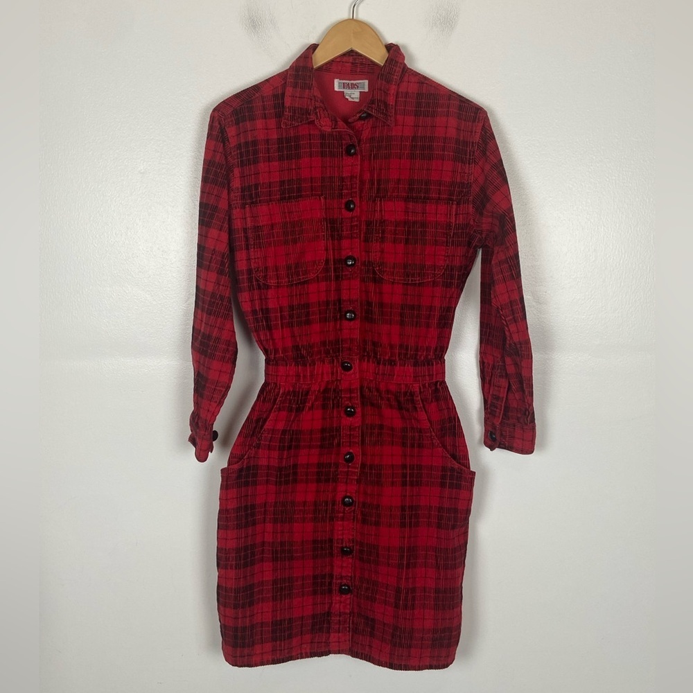 Fads VTG Corduroy Plaid Midi Dress Sz S Red Long Sleeves Pockets Grunge Western